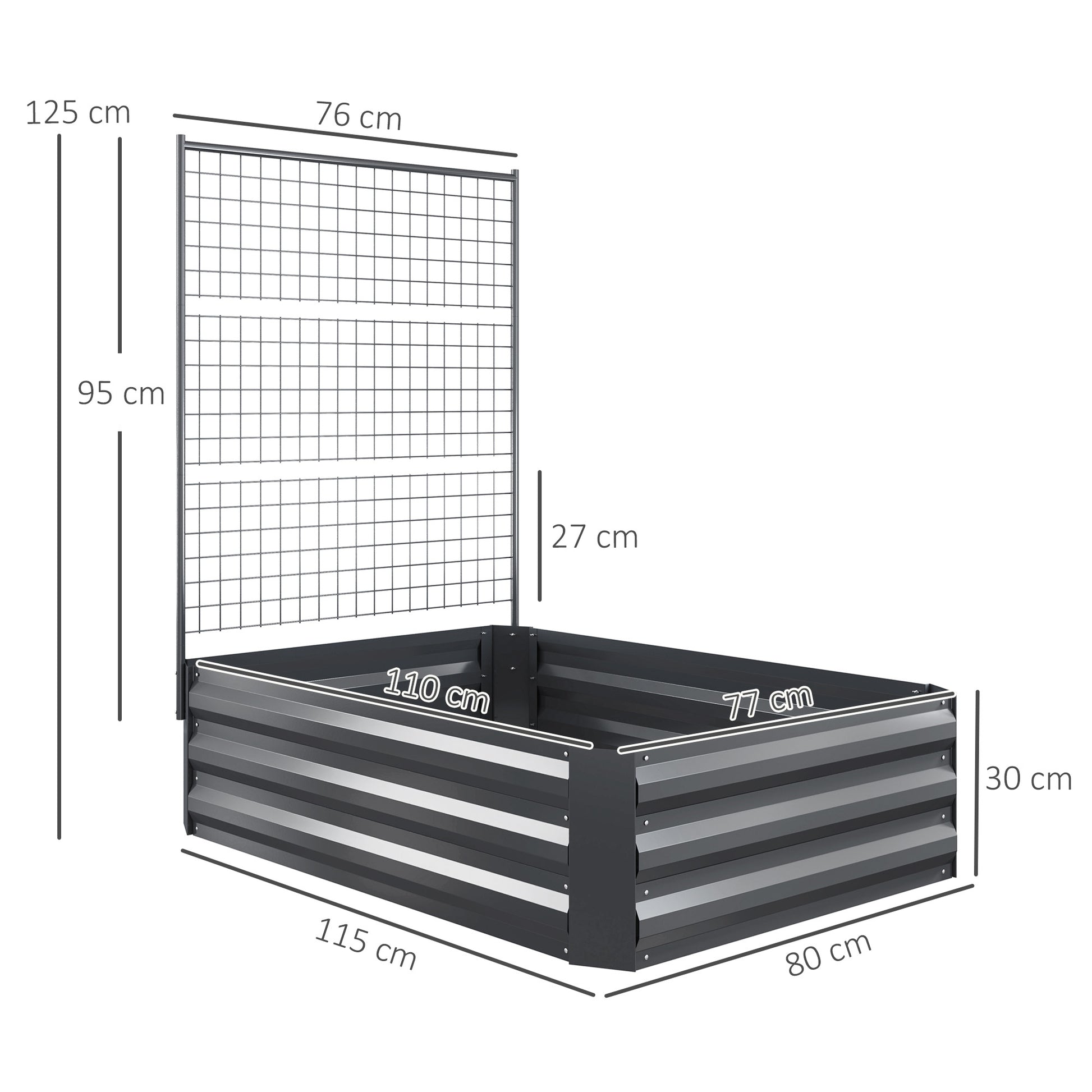 Caixa de Plantio Grande de Exterior Caixa de Plantio de Aço Galvanizado com Treliça para Plantas Trepadeiras e Fundo Aberto para Pátio Varanda 80x115x125 cm Cinza Escuro