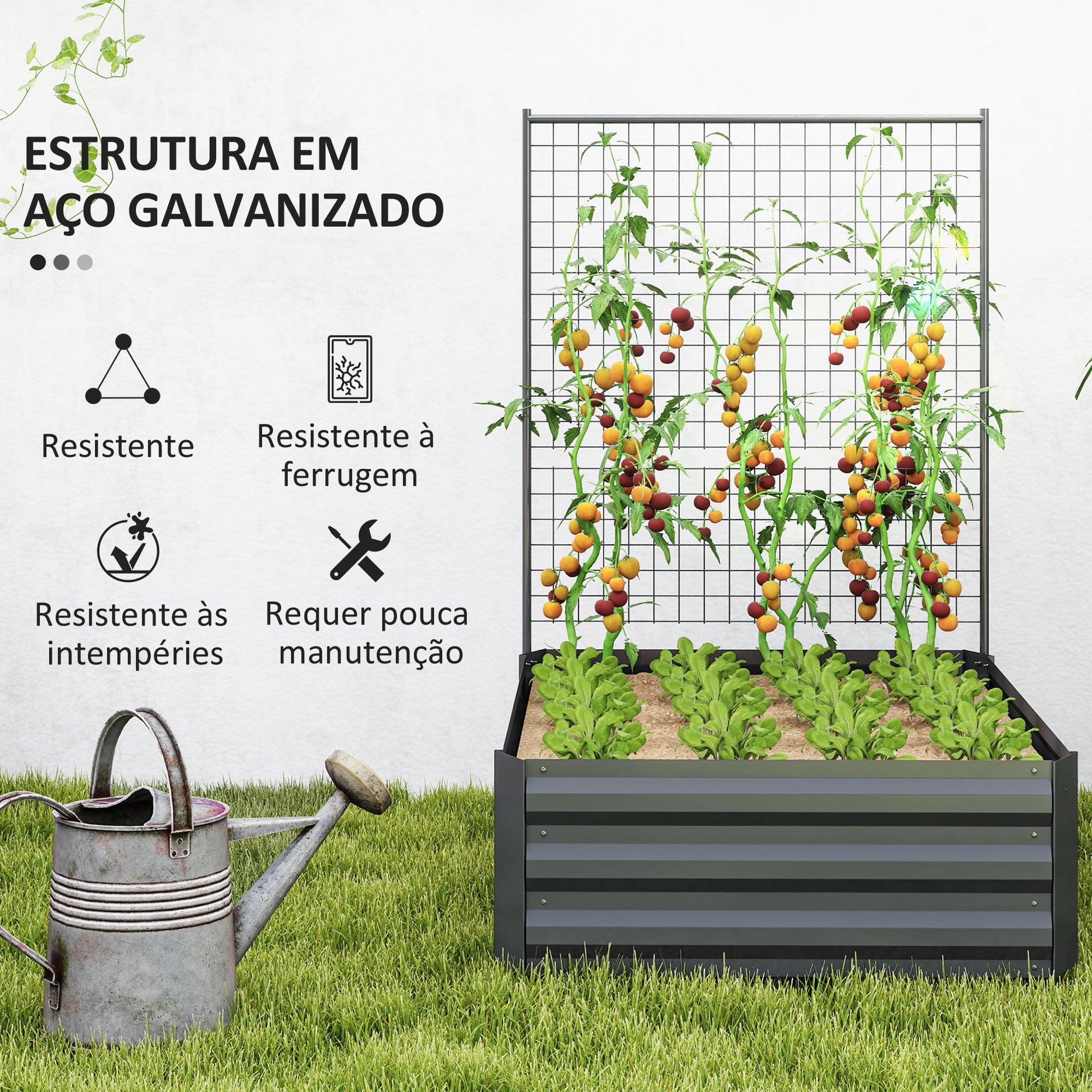 Caixa de Plantio Grande de Exterior Caixa de Plantio de Aço Galvanizado com Treliça para Plantas Trepadeiras e Fundo Aberto para Pátio Varanda 80x115x125 cm Cinza Escuro
