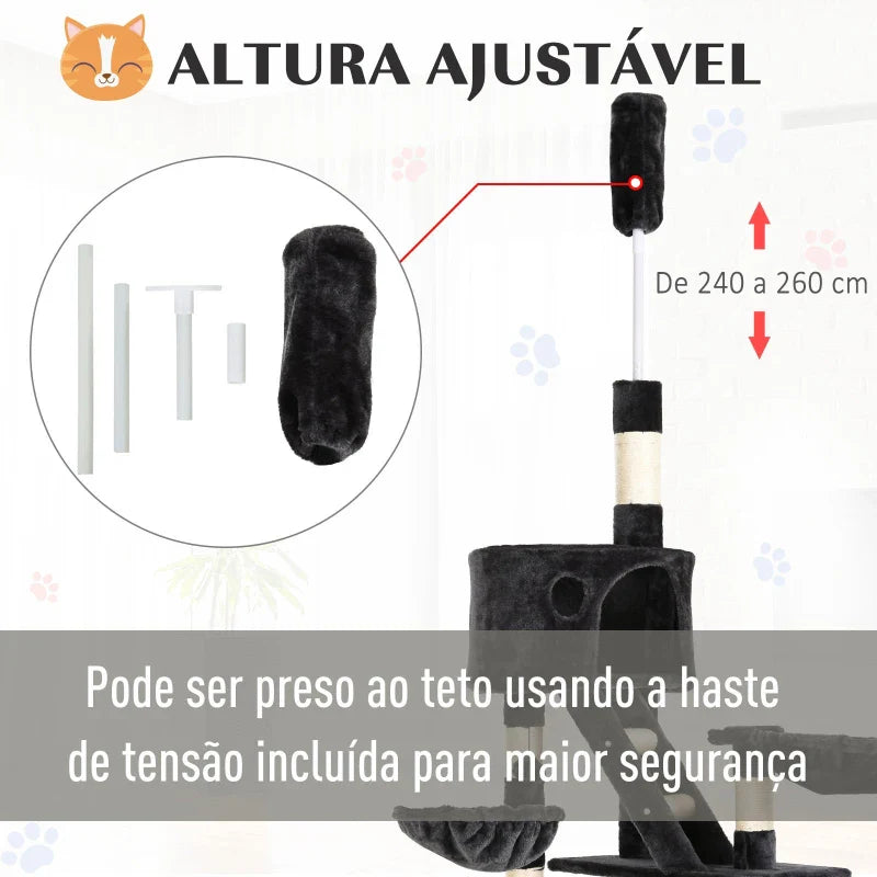 PawHut Árvore arranhador para Gatos com Altura Ajustável Plataformas Múltiplas Caverna Cestas e Escadas em Sisal Natural e Pelúcia 60x45x240-260 cm Cinza Escuro