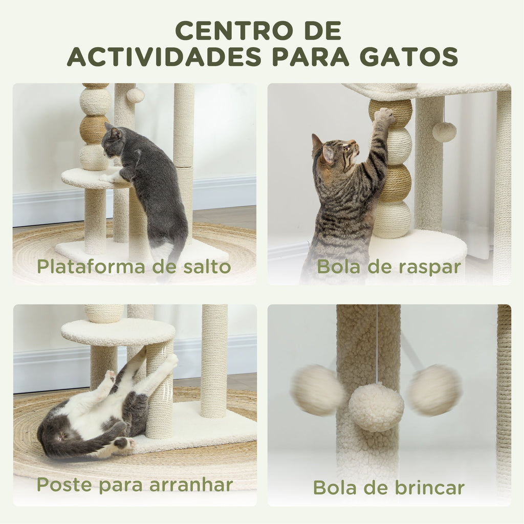 PawHut Arranhador para Gatos Altura 76 cm Arranhador para Gatos com Estofado em Borrego Plataformas Bola Suspensa e Poste de Juta Bege