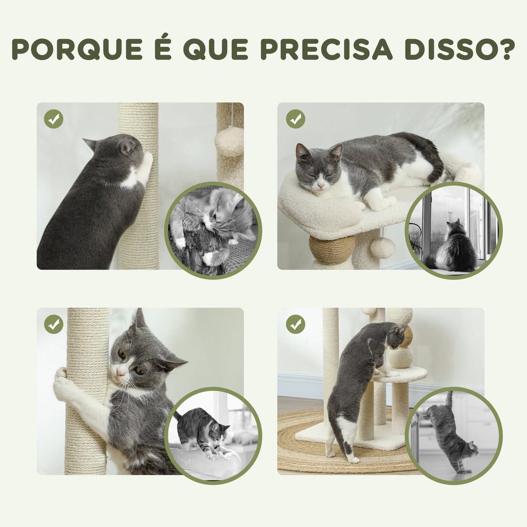 PawHut Arranhador para Gatos Altura 76 cm Arranhador para Gatos com Estofado em Borrego Plataformas Bola Suspensa e Poste de Juta Bege
