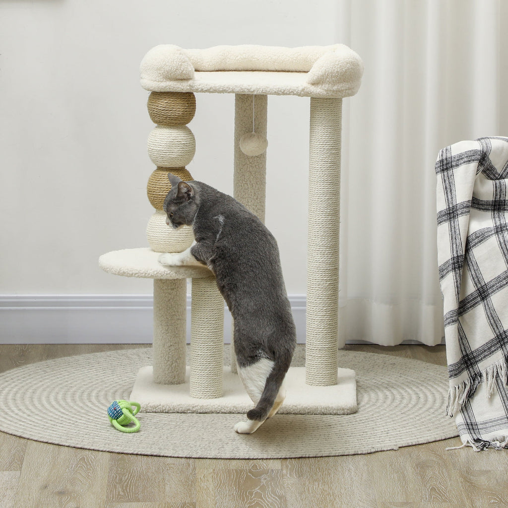 PawHut Arranhador para Gatos Altura 76 cm Arranhador para Gatos com Estofado em Borrego Plataformas Bola Suspensa e Poste de Juta Bege
