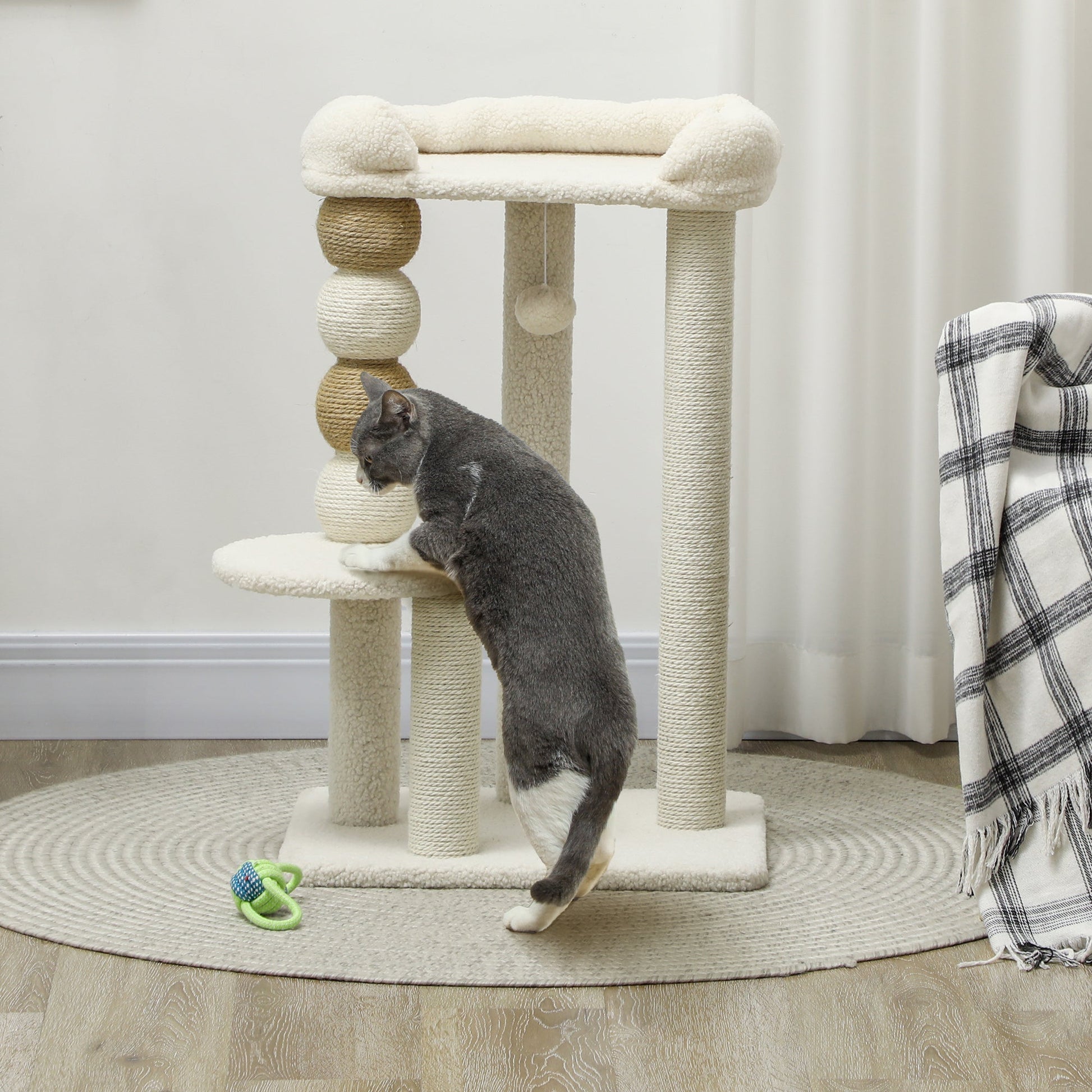PawHut Arranhador para Gatos Altura 76 cm Arranhador para Gatos com Estofado em Borrego Plataformas Bola Suspensa e Poste de Juta Bege