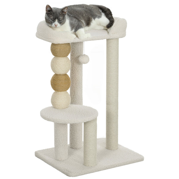 PawHut Arranhador para Gatos Altura 76 cm Arranhador para Gatos com Estofado em Borrego Plataformas Bola Suspensa e Poste de Juta Bege