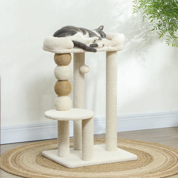 PawHut Arranhador para Gatos Altura 76 cm Arranhador para Gatos com Estofado em Borrego Plataformas Bola Suspensa e Poste de Juta Bege