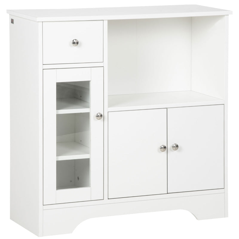 Aparador de Cozinha Moderno com Porta de Vidro Gaveta Prateleira Aberta e Prateleiras Ajustáveis Móvel Auxiliar de Armazenamento para Sala de Jantar Sala de Estar 80x30x82cm Branco
