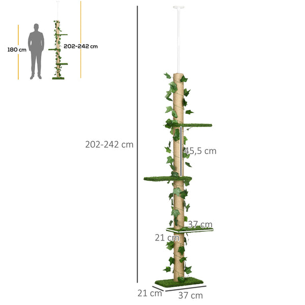PawHut Árvore para Gatos do Chão ao Teto 37x21x202-242 cm Torre Arranhador para Gatos com Altura Ajustável 4 Plataformas de Relva Artificial Folhas Artificiais e Poste de Juta Verde