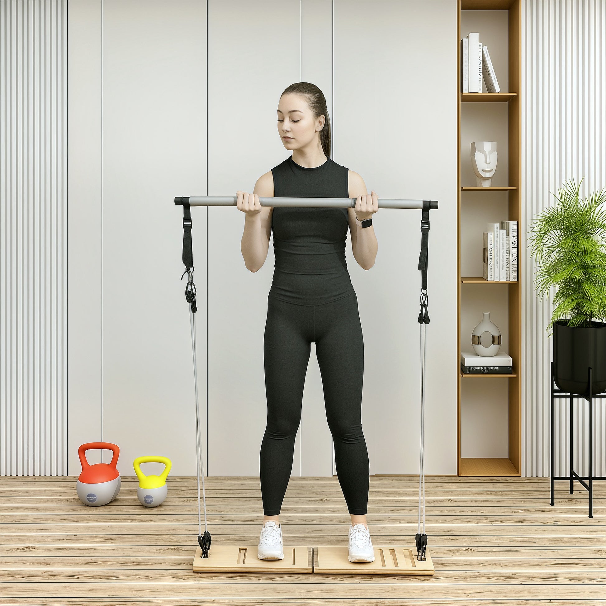 SPORTNOW Barra de Pilates Conjunto de Pilates com 6 Faixas Elásticas Tábua Inclinada Ajustável para Treino de Corpo Inteiro em Casa 90x33x3 cm Cinza