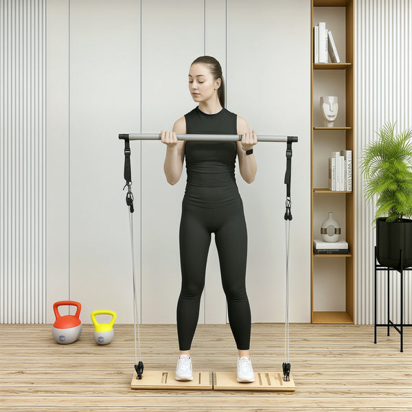 SPORTNOW Barra de Pilates Conjunto de Pilates com 6 Faixas Elásticas Tábua Inclinada Ajustável para Treino de Corpo Inteiro em Casa 90x33x3 cm Cinza