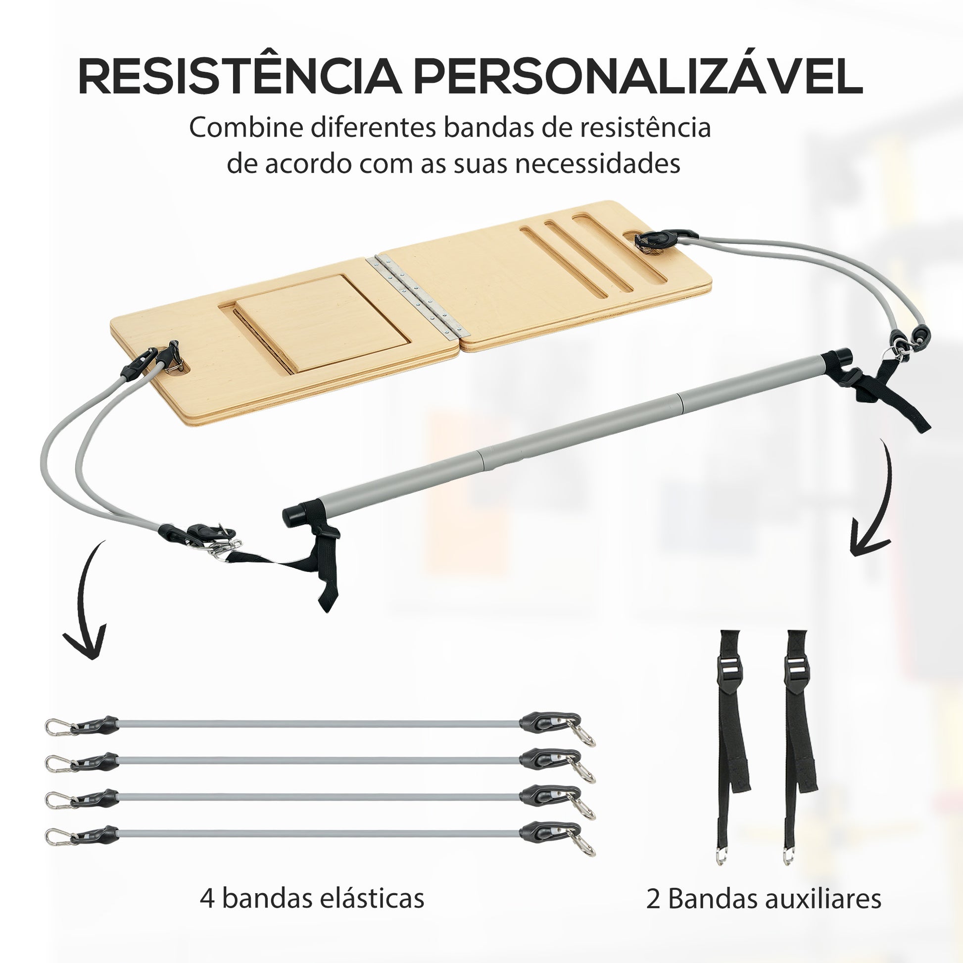 SPORTNOW Barra de Pilates Conjunto de Pilates com 6 Faixas Elásticas Tábua Inclinada Ajustável para Treino de Corpo Inteiro em Casa 90x33x3 cm Cinza