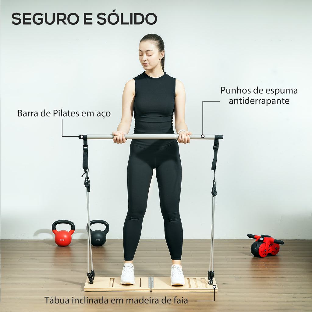 SPORTNOW Barra de Pilates Conjunto de Pilates com 6 Faixas Elásticas Tábua Inclinada Ajustável para Treino de Corpo Inteiro em Casa 90x33x3 cm Cinza