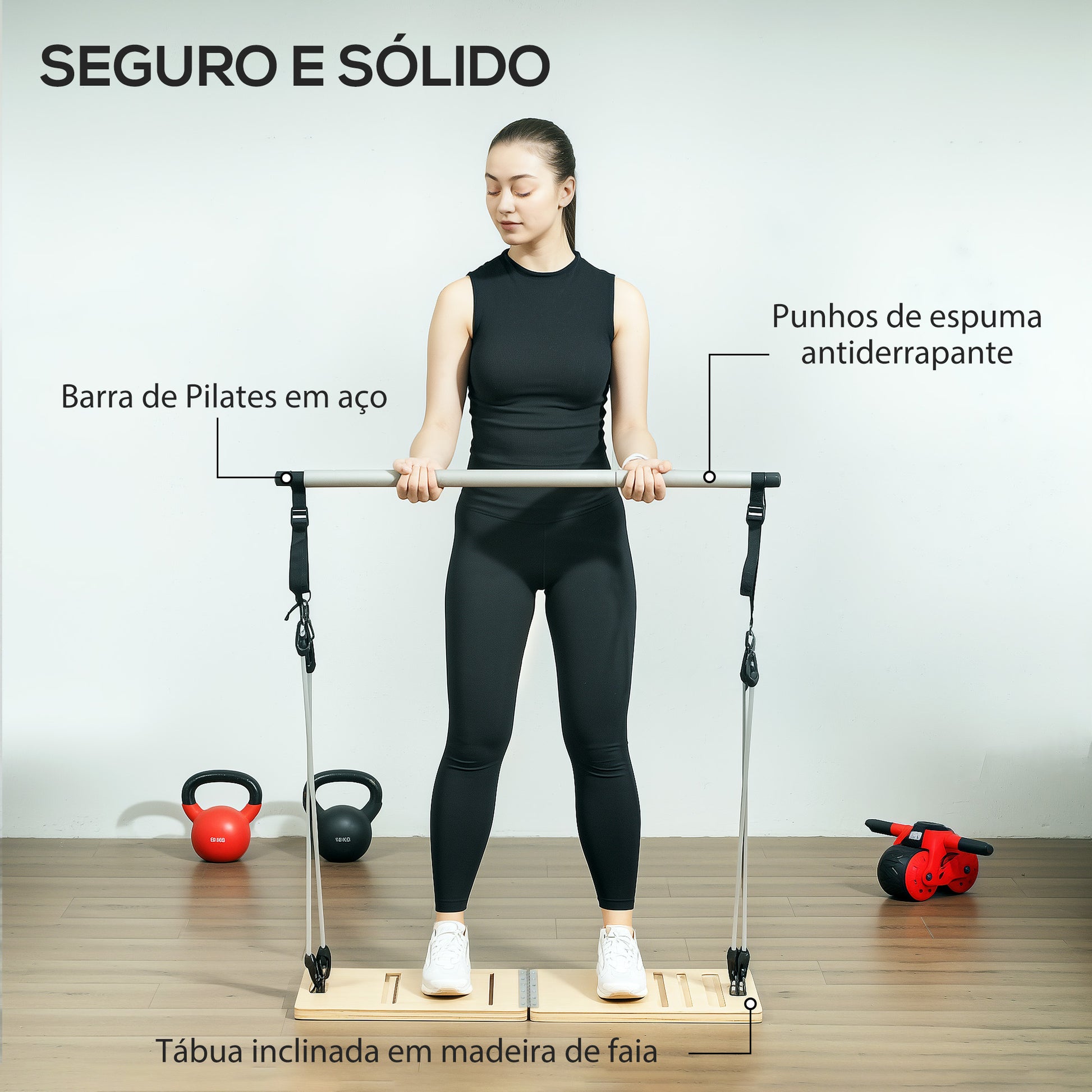 SPORTNOW Barra de Pilates Conjunto de Pilates com 6 Faixas Elásticas Tábua Inclinada Ajustável para Treino de Corpo Inteiro em Casa 90x33x3 cm Cinza