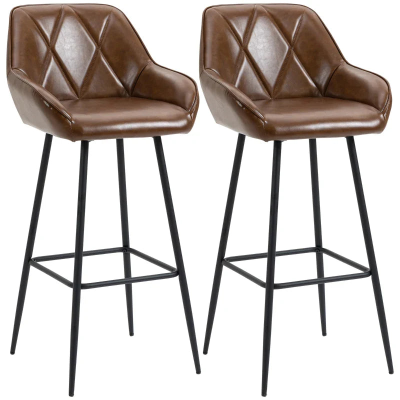 Conjunto de 2 Bancos Altos de Cozinha Bancos de Bar Estofados em PU com Encosto Alto Pés de Aço e Apoio para os Pés para Sala de Jantar Carga 120kg 50x47,5x102,5cm Marrom