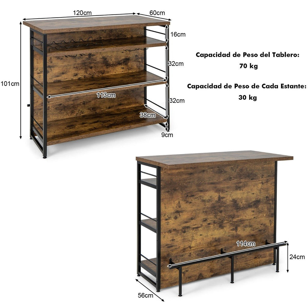 Mesa Alta de Bar "Aurum" - Armário de Licor com 4 Níveis, Suporte para Vinho e Copos - 120x60x101 cm - Castanho Rústico - A minha loja