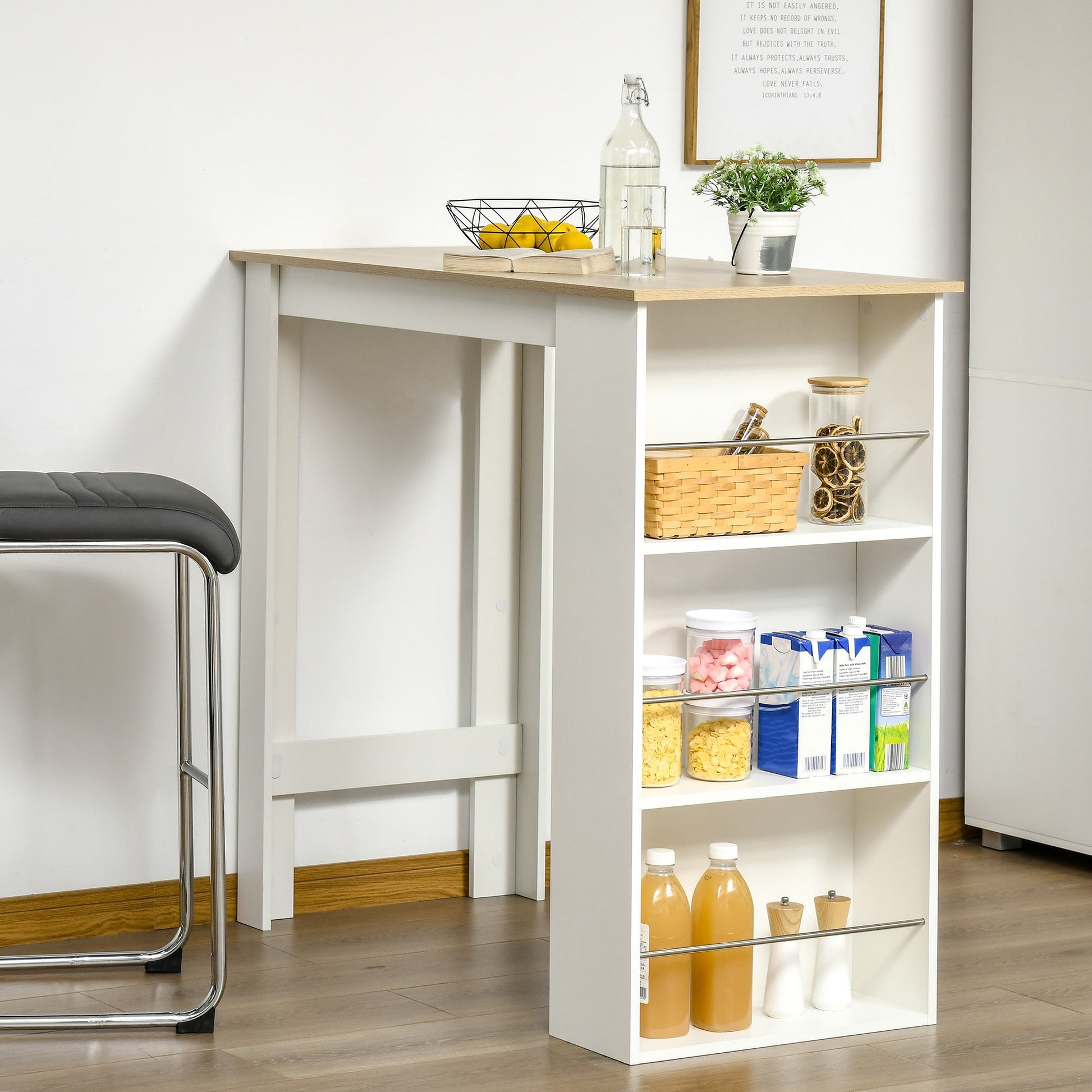 Mesa de Bar de Bistrô com 3 Prateleiras com Suporte Estilo Moderno para Cozinha Sala de Jantar Sala de Estar Estrutura de Melamina 112x57x106 cm Branco - A minha loja
