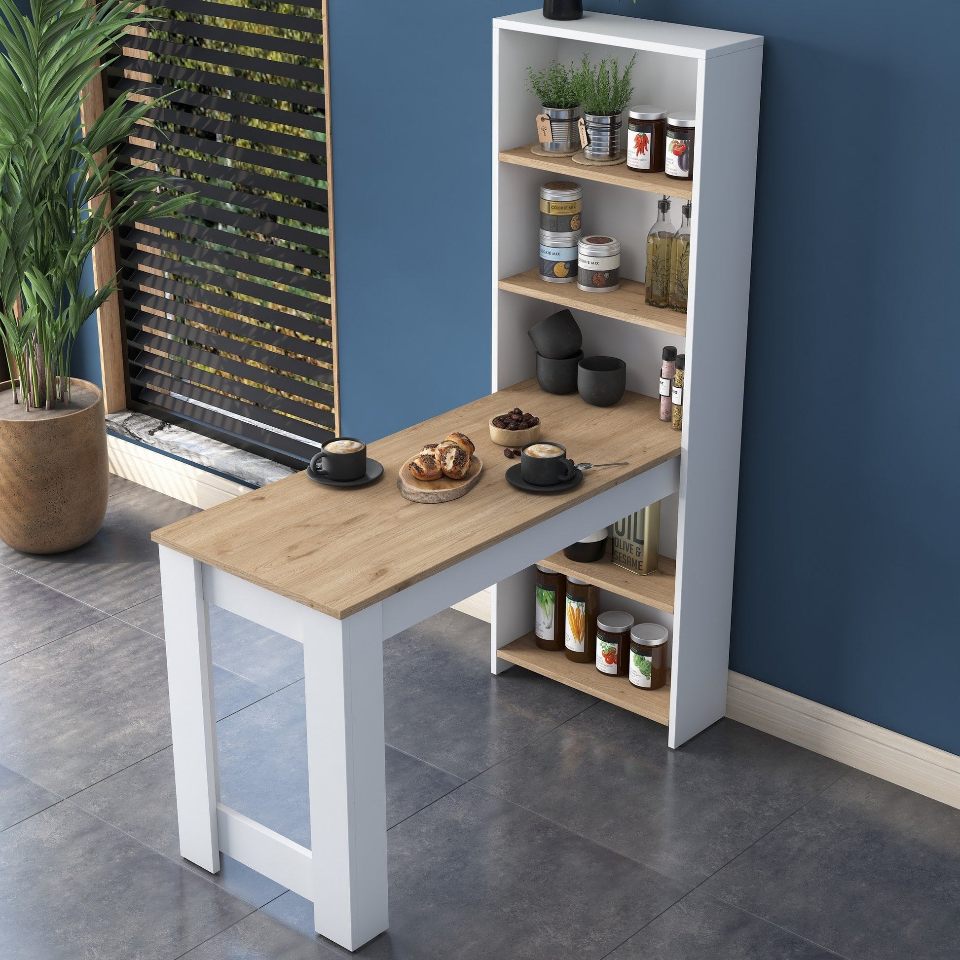 Mesa de Bar "Scandi" com Estante Incorporada – Nogueira e Branco, 120x53.8x153.6 cm – Design Escandinavo - A minha loja