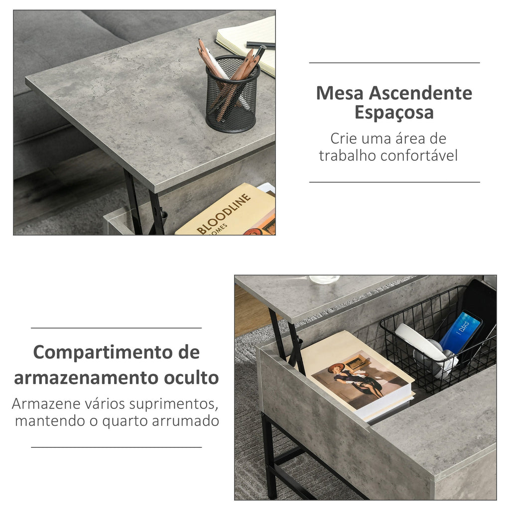 Mesa de Centro Elevável "Arvik" – Com Armazenamento Oculto e Pés Metálicos – 90x60,5x45,5 cm – Cinzento e Preto - A minha loja