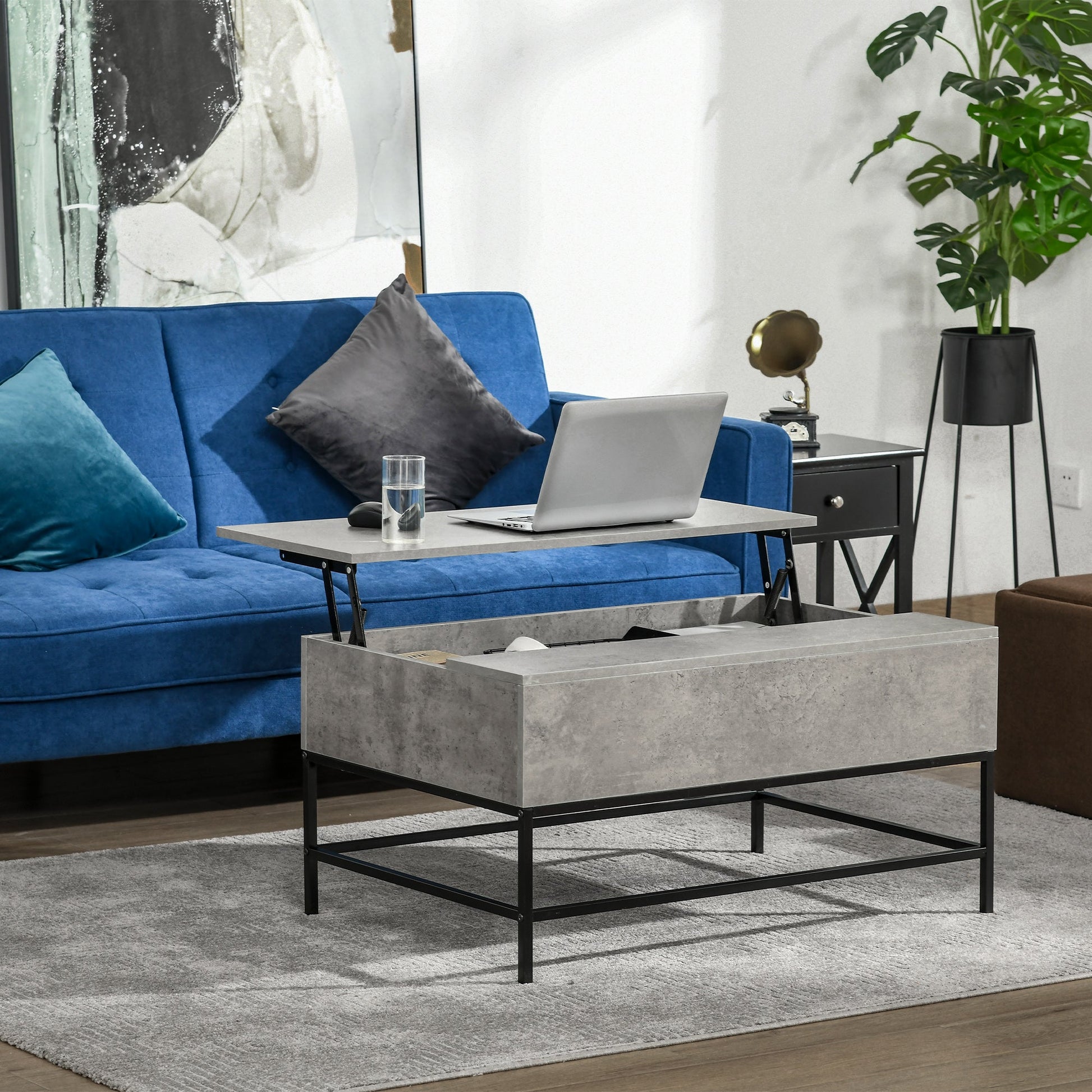 Mesa de Centro Elevável "Arvik" – Com Armazenamento Oculto e Pés Metálicos – 90x60,5x45,5 cm – Cinzento e Preto - A minha loja