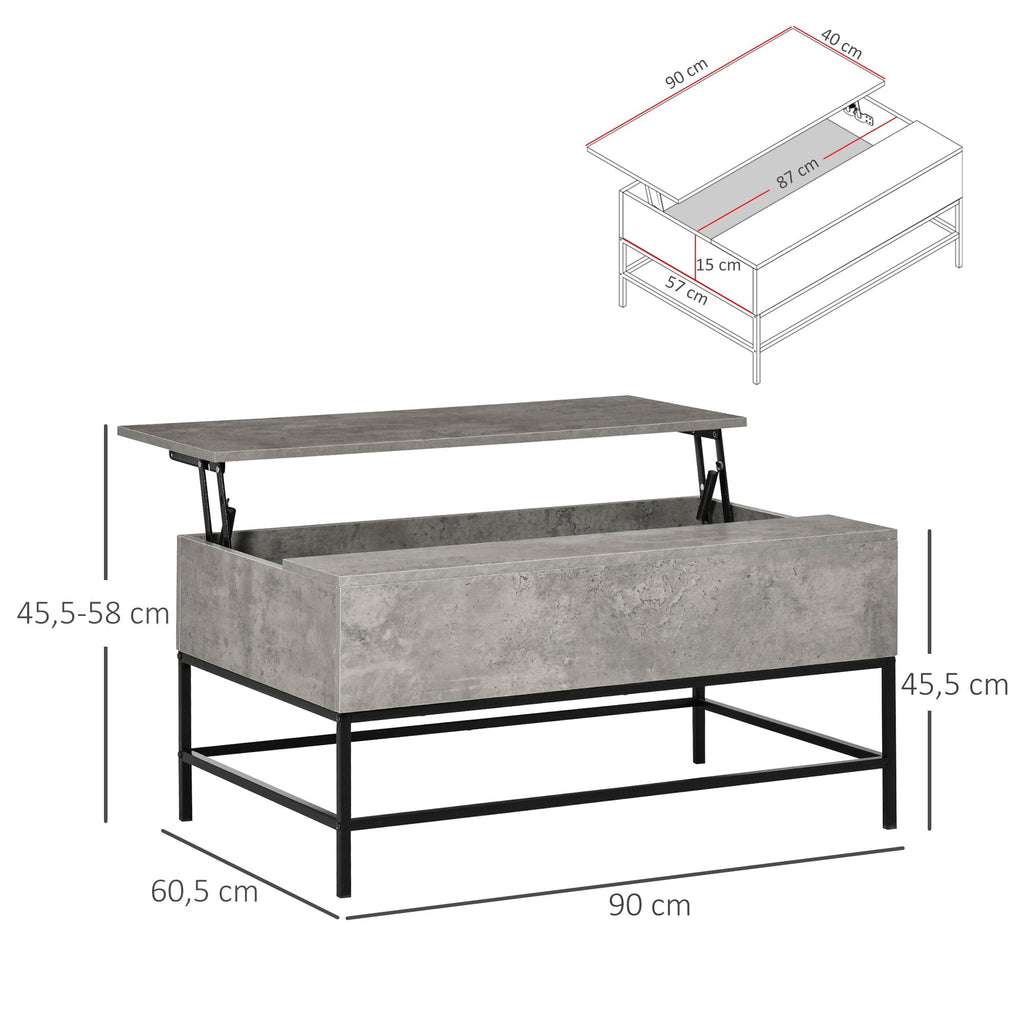 Mesa de Centro Elevável "Arvik" – Com Armazenamento Oculto e Pés Metálicos – 90x60,5x45,5 cm – Cinzento e Preto - A minha loja