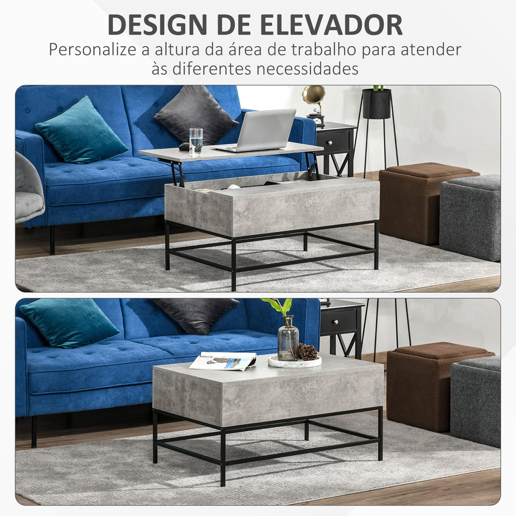 Mesa de Centro Elevável "Arvik" – Com Armazenamento Oculto e Pés Metálicos – 90x60,5x45,5 cm – Cinzento e Preto - A minha loja