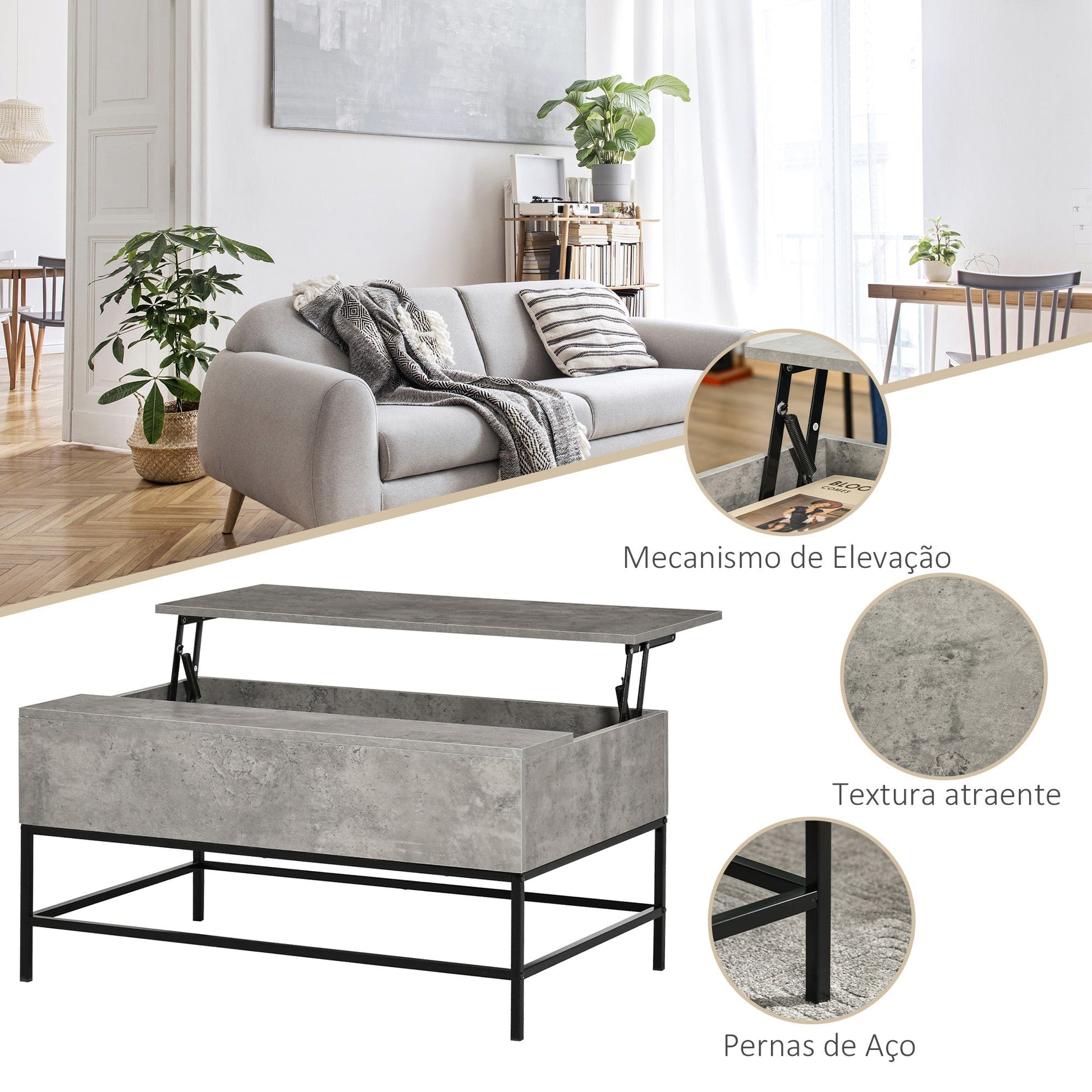 Mesa de Centro Elevável "Arvik" – Com Armazenamento Oculto e Pés Metálicos – 90x60,5x45,5 cm – Cinzento e Preto - A minha loja