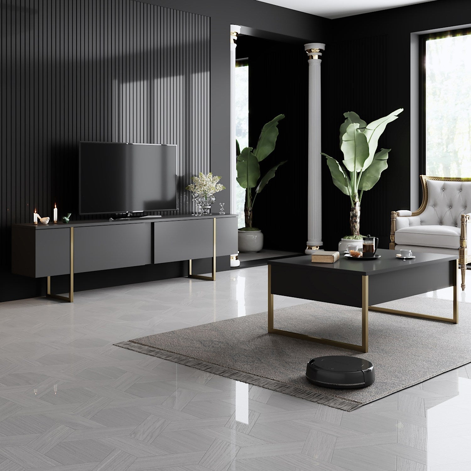 Mesa de Centro "Madrid" – Antracite e Dourado - 90x60x40 cm – Design Moderno - A minha loja