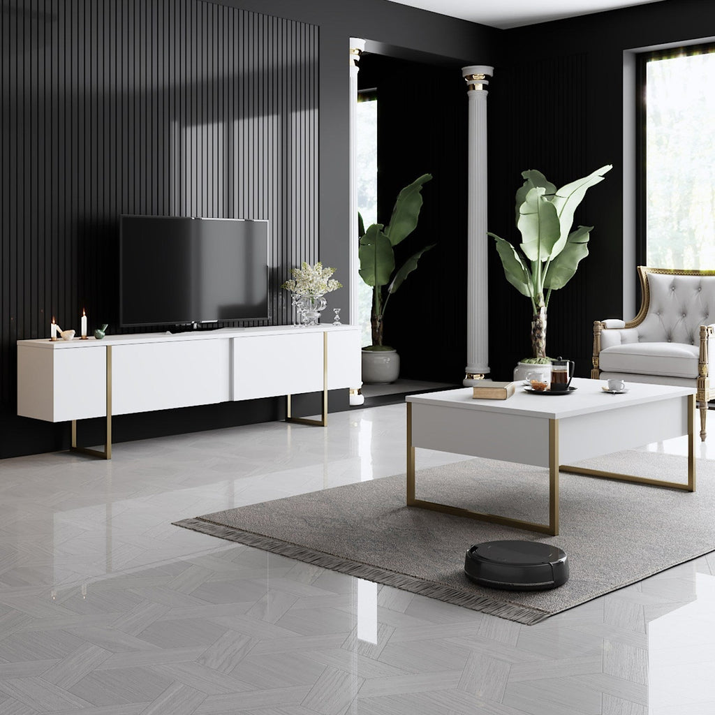 Mesa de Centro "Madrid" – Branco e Dourado - 90x60x40 cm – Design Moderno - A minha loja