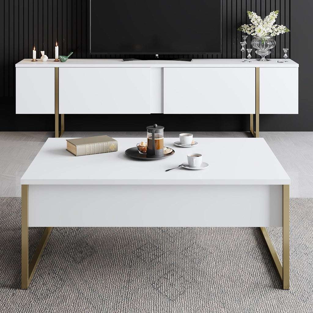 Mesa de Centro "Madrid" – Branco e Dourado - 90x60x40 cm – Design Moderno - A minha loja
