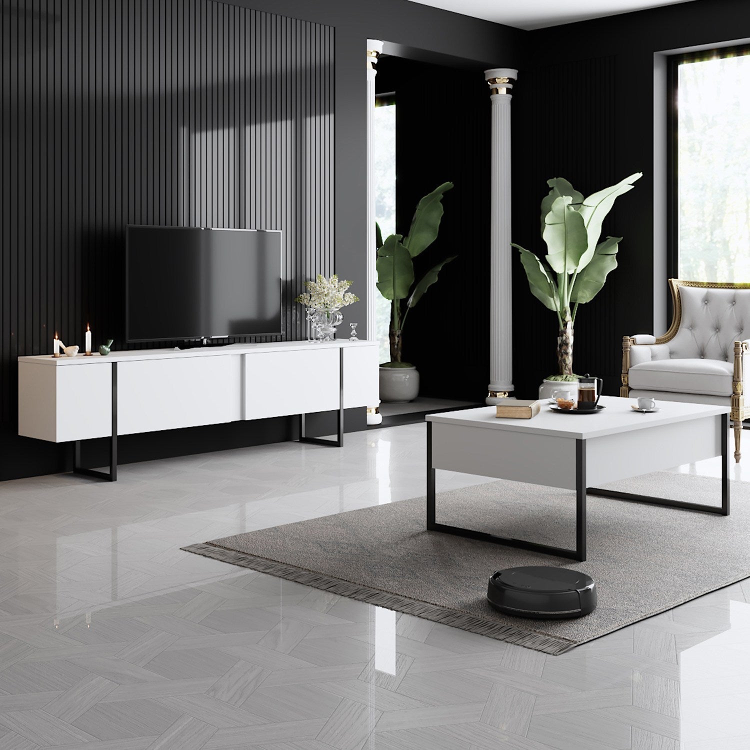 Mesa de Centro "Madrid" – Branco e Preto - 90x60x40 cm – Design Moderno - A minha loja