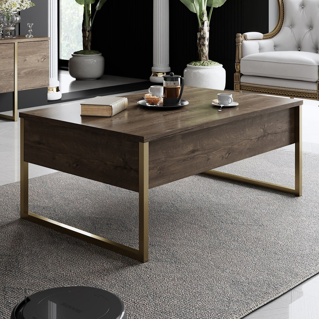 Mesa de Centro "Madrid" – Nogueira e Dourado - 90x60x40 cm – Design Moderno - A minha loja