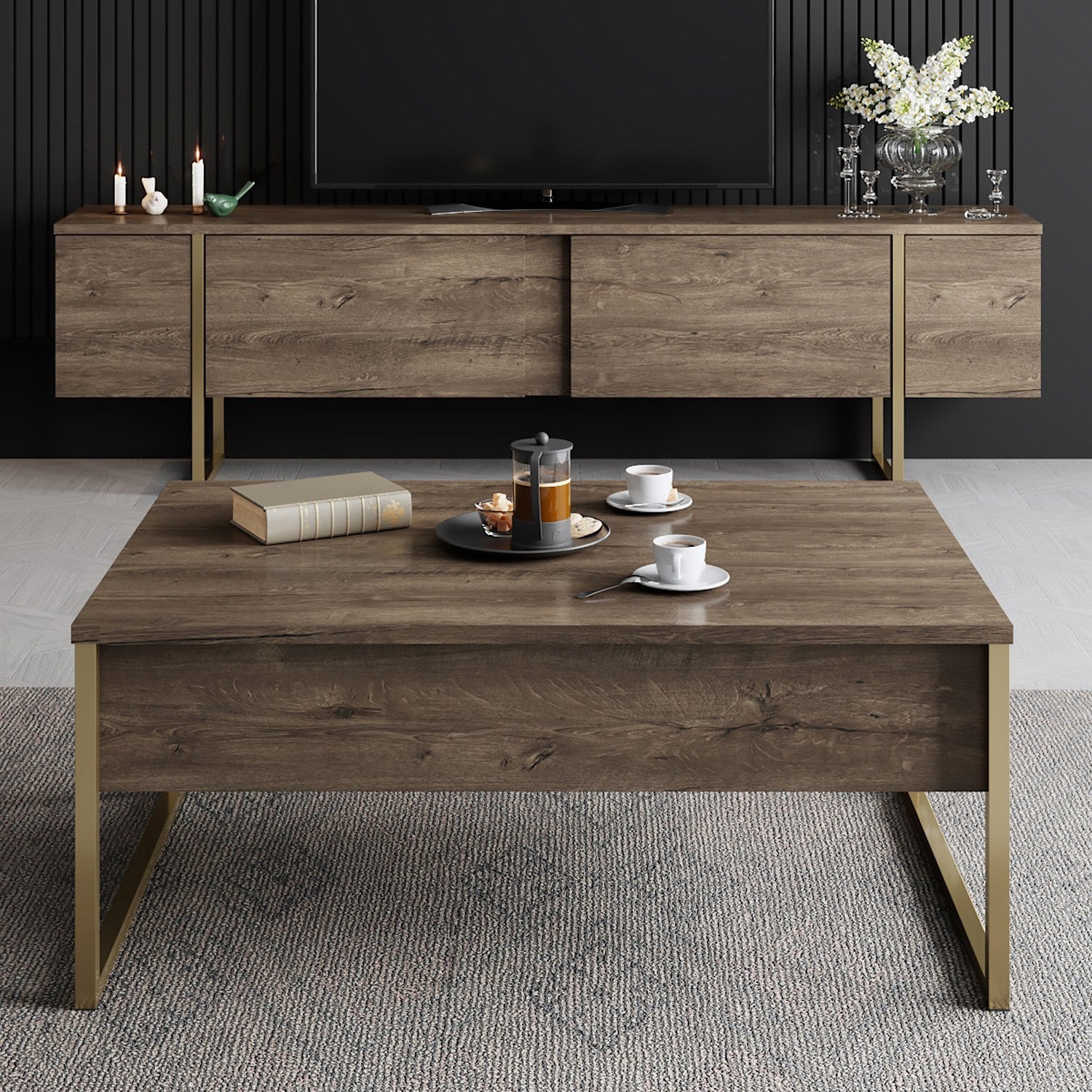 Mesa de Centro "Madrid" – Nogueira e Dourado - 90x60x40 cm – Design Moderno - A minha loja