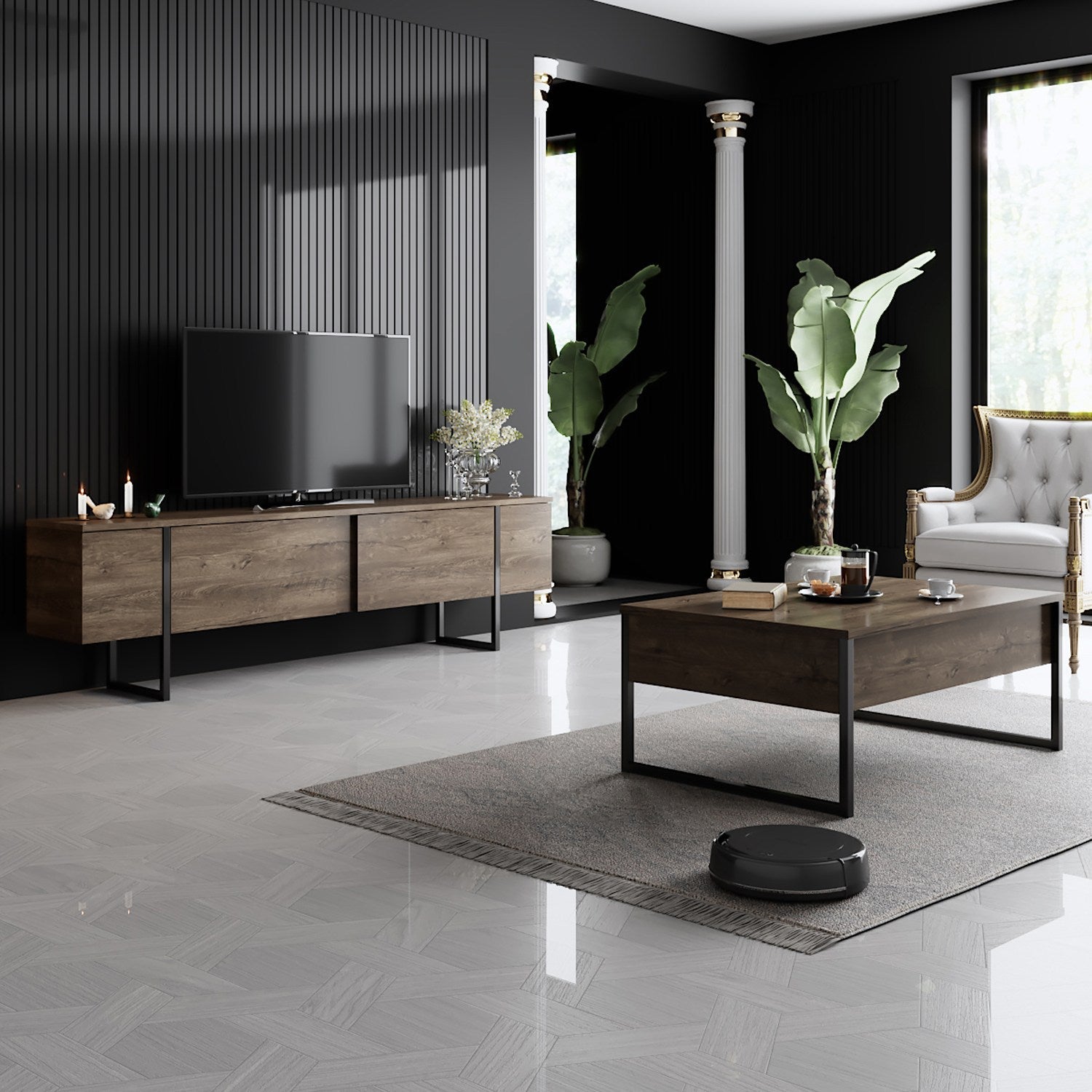 Mesa de Centro "Madrid" – Nogueira e Preto - 90x60x40 cm – Design Moderno - A minha loja