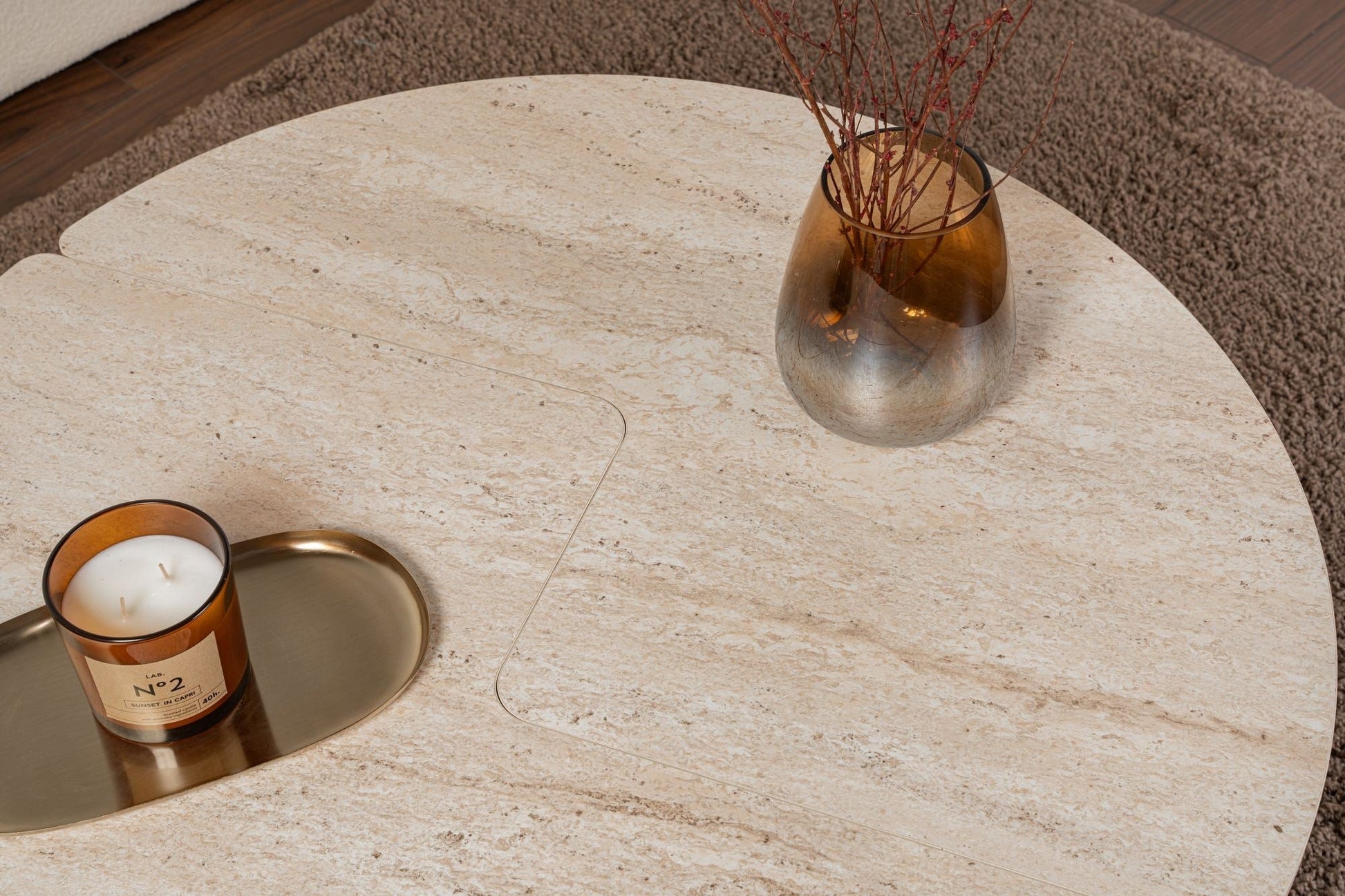 Mesa de Centro "Moira" – Travertine, Ø90x41 cm, Design Rústico Moderno - A minha loja