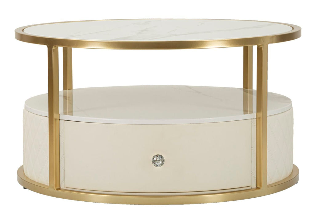 Mesa de Centro Sharon - Couro Sintético Branco e Estrutura Dourada - Ø 75 cm x 40 cm - A minha loja