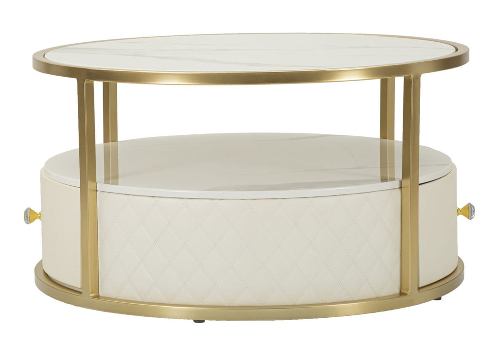 Mesa de Centro Sharon - Couro Sintético Branco e Estrutura Dourada - Ø 75 cm x 40 cm - A minha loja