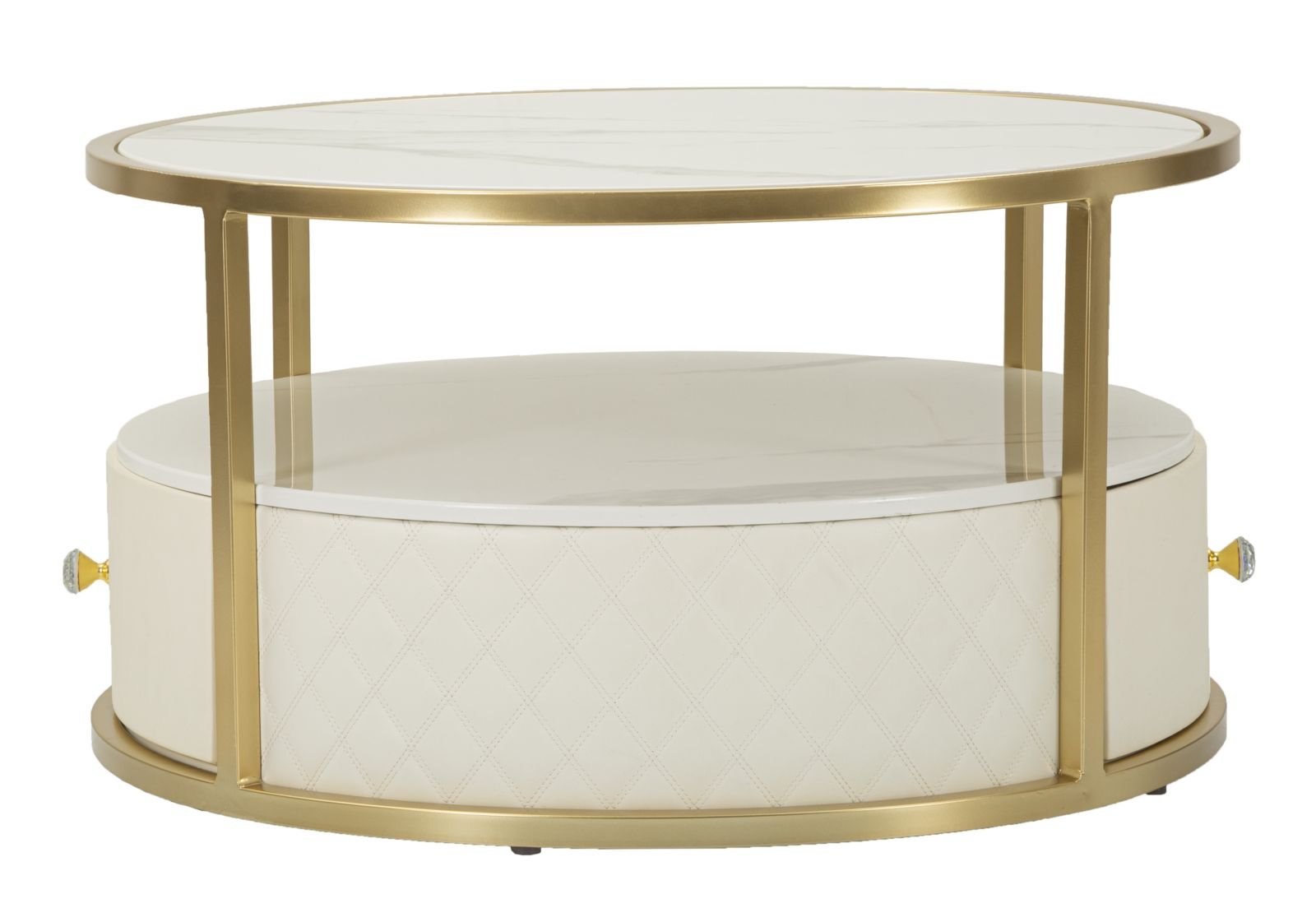 Mesa de Centro Sharon - Couro Sintético Branco e Estrutura Dourada - Ø 75 cm x 40 cm - A minha loja