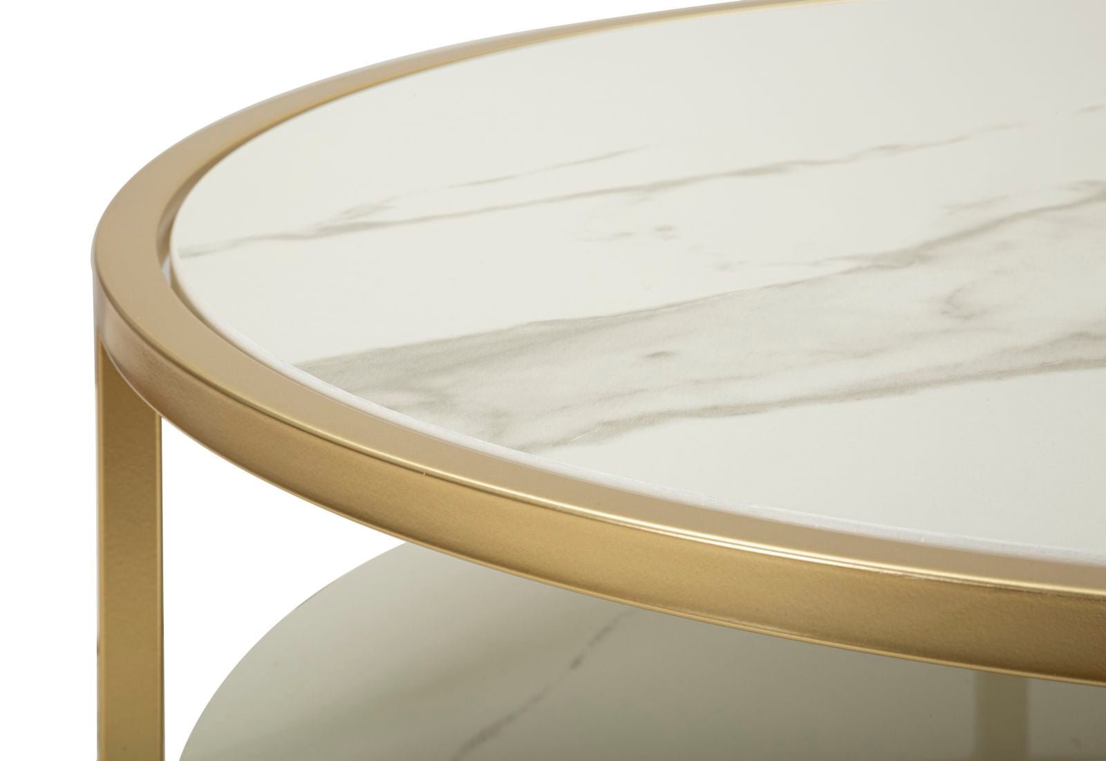 Mesa de Centro Sharon - Couro Sintético Branco e Estrutura Dourada - Ø 75 cm x 40 cm - A minha loja