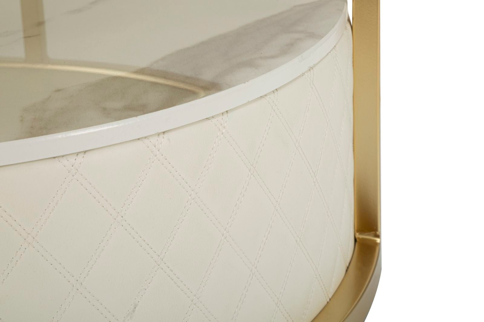 Mesa de Centro Sharon - Couro Sintético Branco e Estrutura Dourada - Ø 75 cm x 40 cm - A minha loja