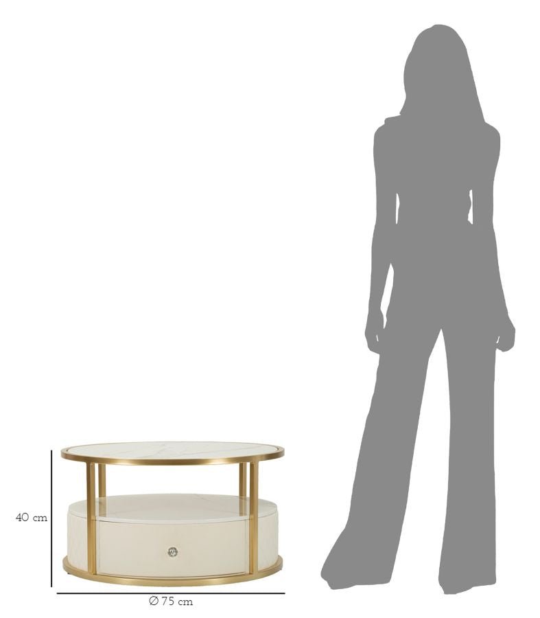 Mesa de Centro Sharon - Couro Sintético Branco e Estrutura Dourada - Ø 75 cm x 40 cm - A minha loja