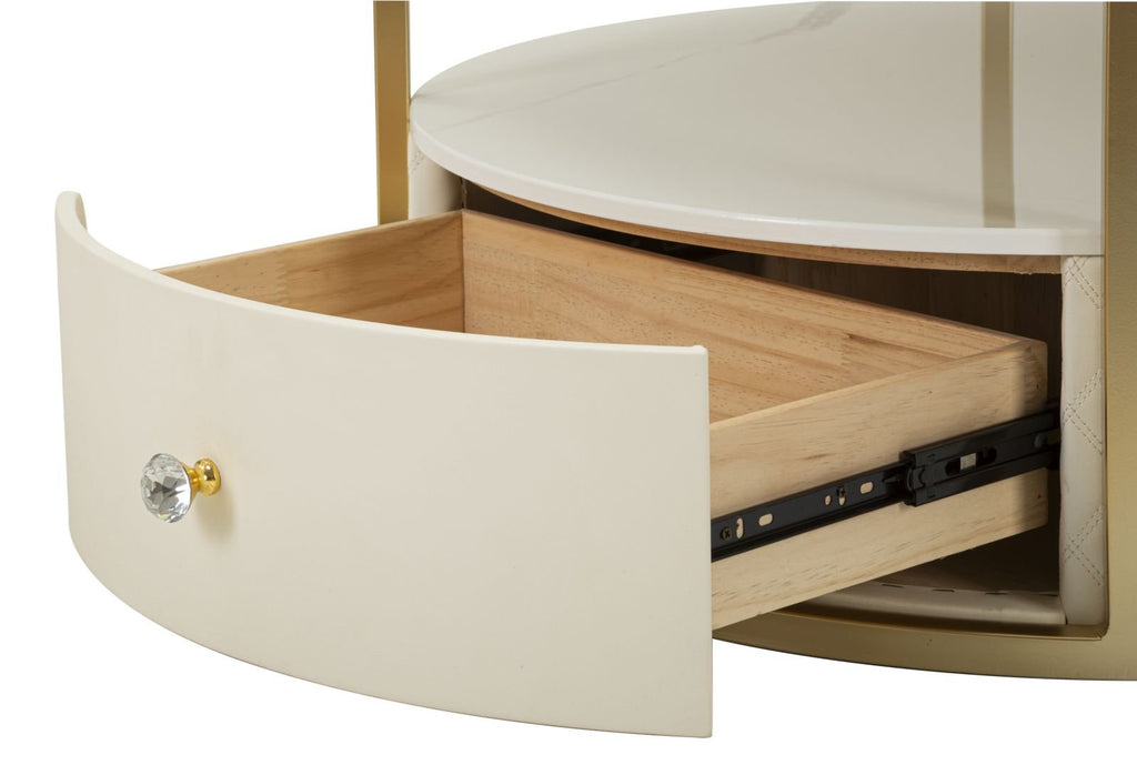 Mesa de Centro Sharon - Couro Sintético Branco e Estrutura Dourada - Ø 75 cm x 40 cm - A minha loja
