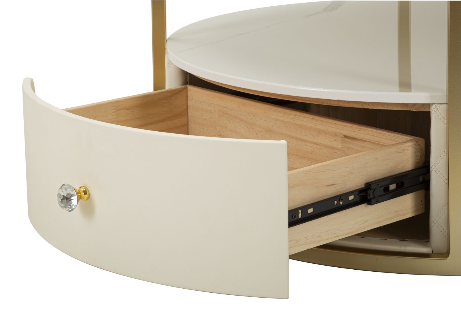 Mesa de Centro Sharon - Couro Sintético Branco e Estrutura Dourada - Ø 75 cm x 40 cm - A minha loja