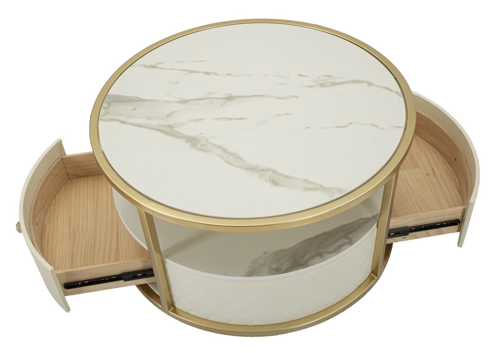 Mesa de Centro Sharon - Couro Sintético Branco e Estrutura Dourada - Ø 75 cm x 40 cm - A minha loja