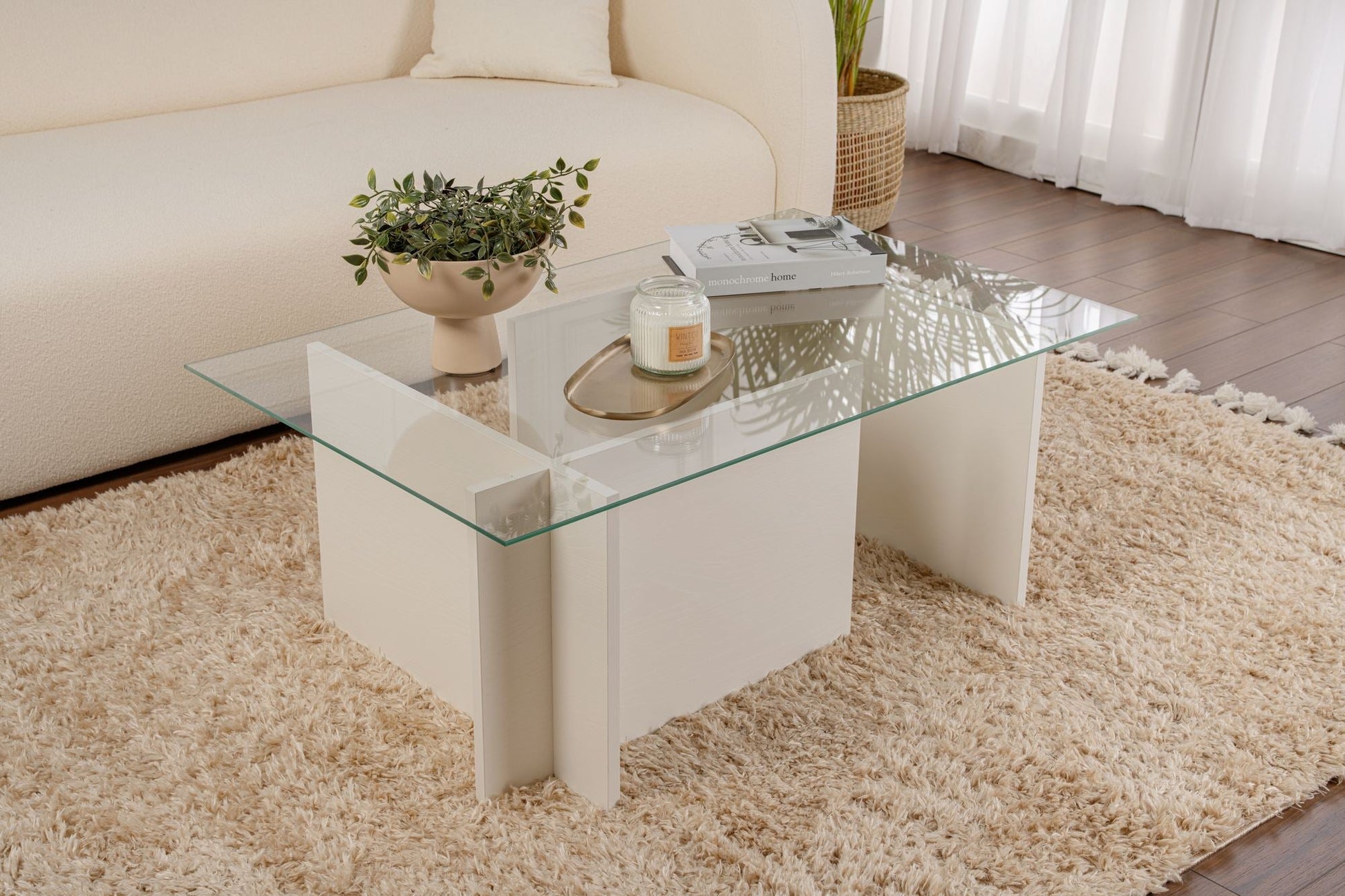 Mesa de Centro "Vetrino" – Vidro Temperado e Branco, 105x65x40 cm, Design Moderno - A minha loja
