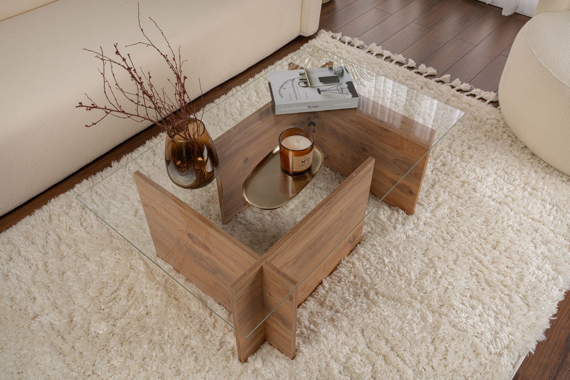 Mesa de Centro "Vetrino" – Vidro Temperado e Pinho Atlantico, 105x65x40 cm, Design Sofisticado - A minha loja