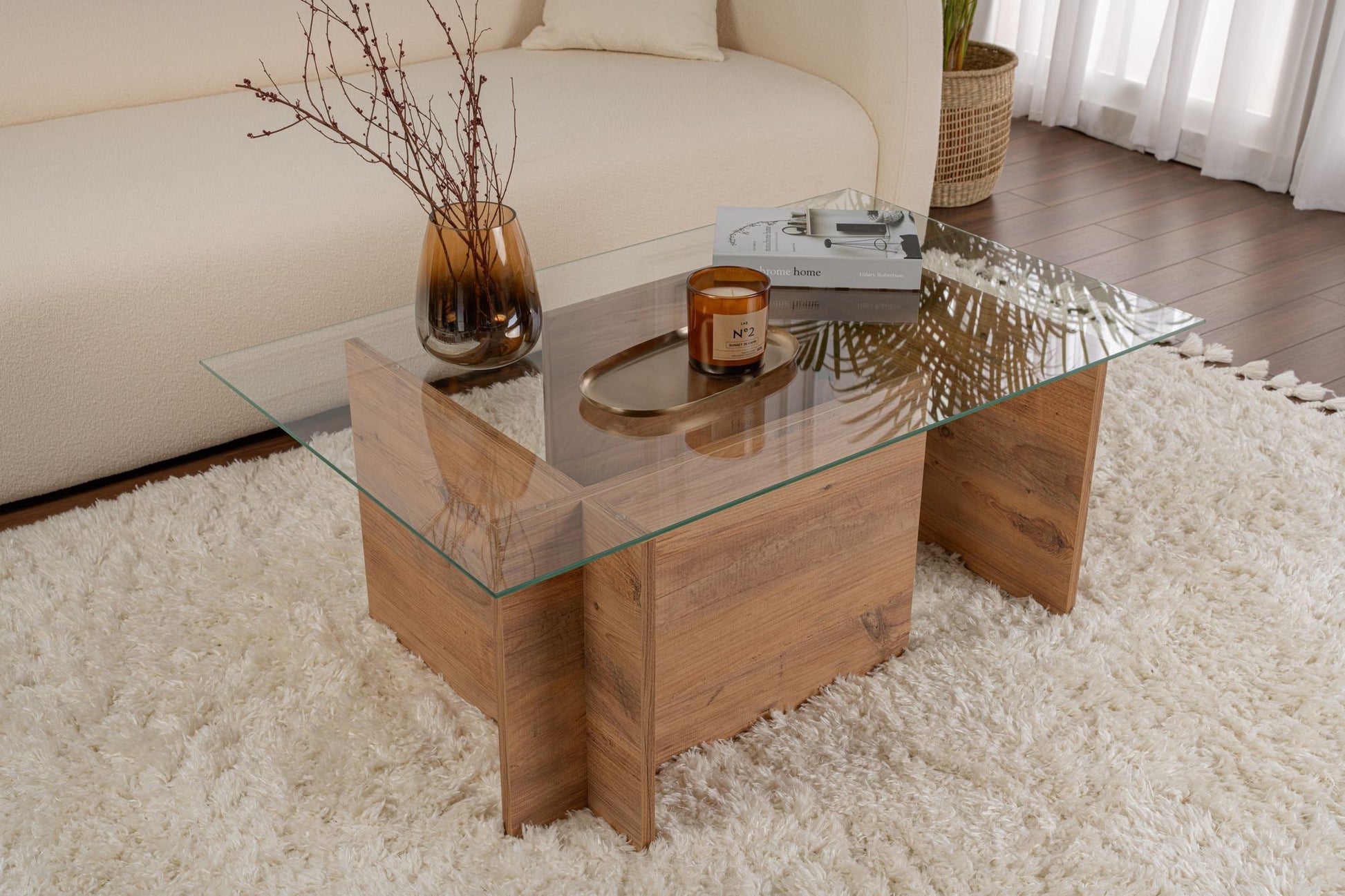 Mesa de Centro "Vetrino" – Vidro Temperado e Pinho Atlantico, 105x65x40 cm, Design Sofisticado - A minha loja