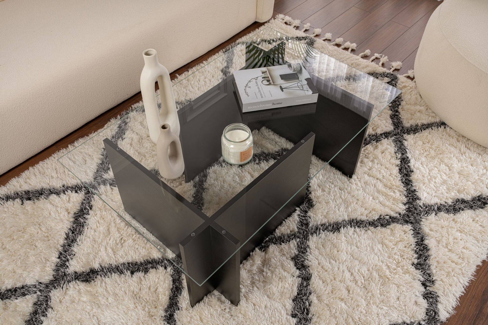 Mesa de Centro "Vetrino" – Vidro Temperado e Preto, 105x65x40 cm, Design Moderno - A minha loja