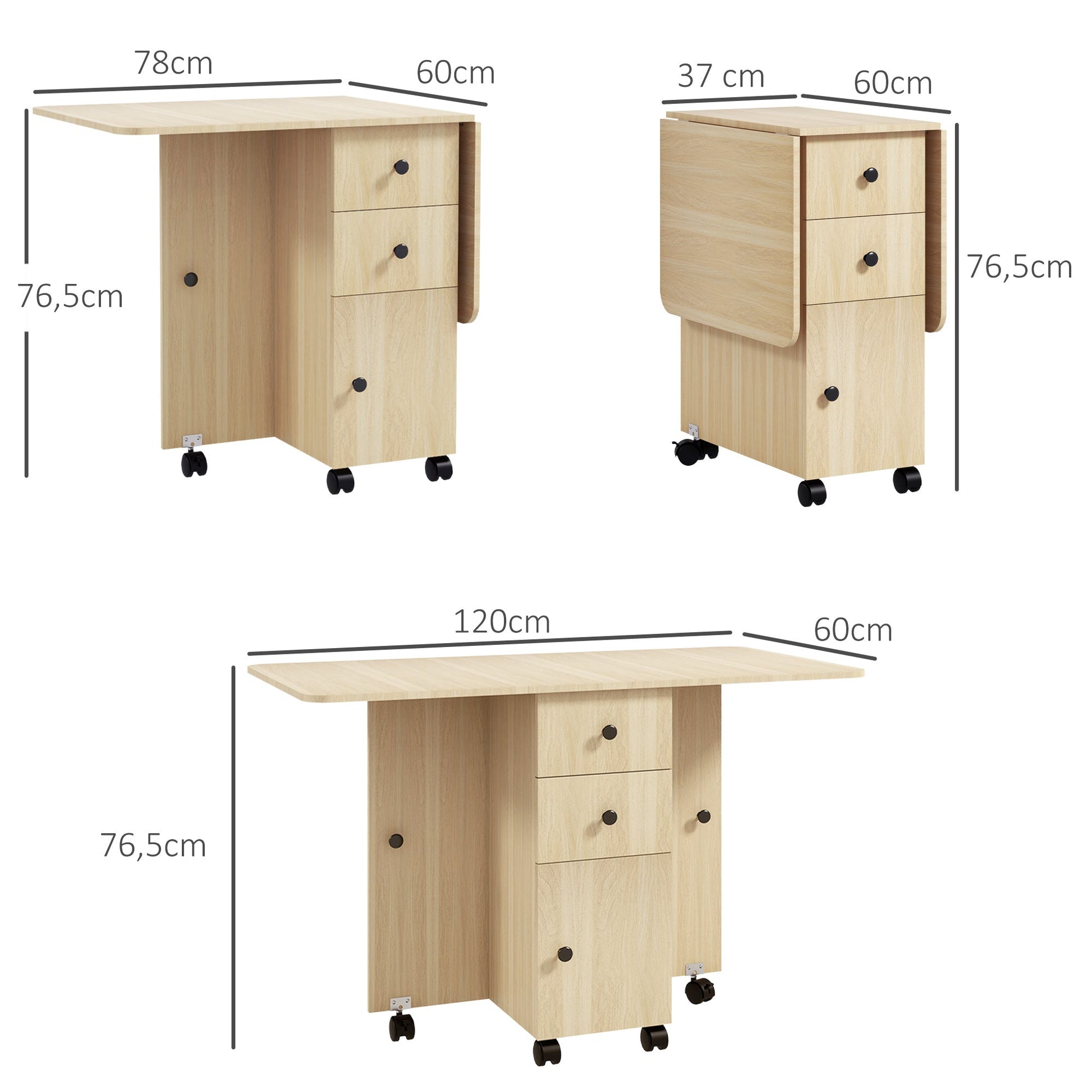Mesa de Jantar Dobrável "Porto" com Rodas – 120x60x76,5 cm – Madeira – Design Multifuncional - A minha loja