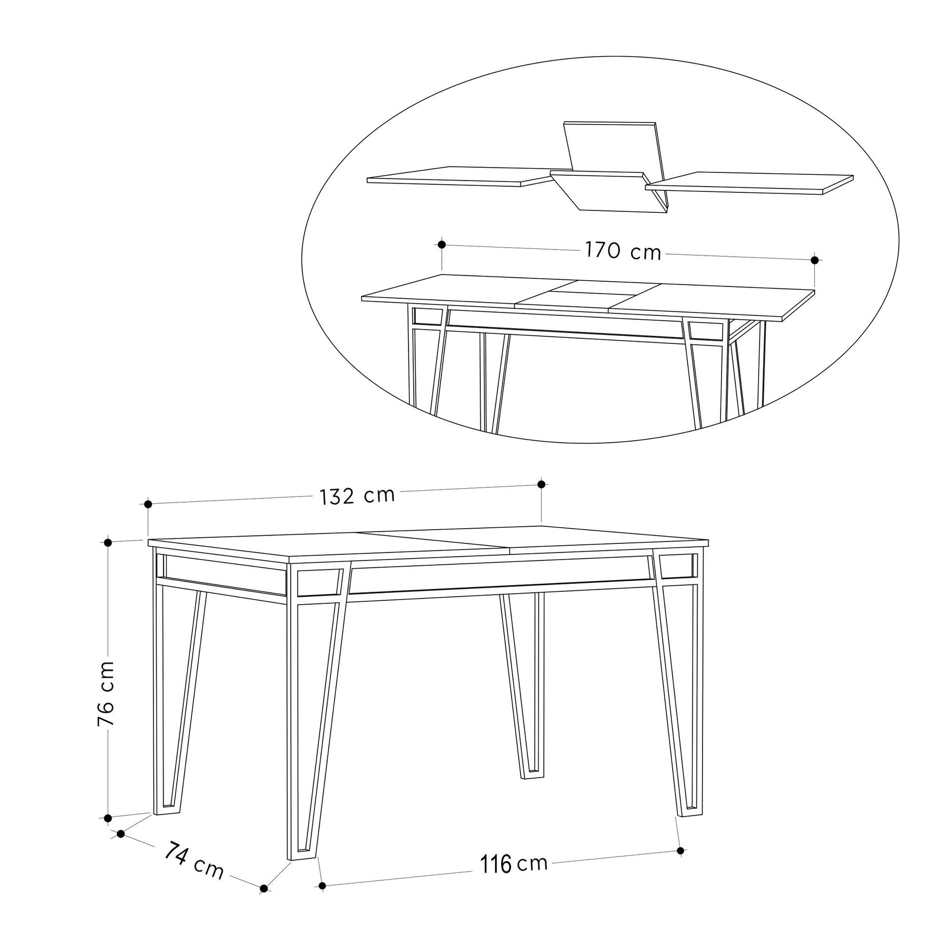 Mesa de Jantar Extensível "Pal" – 132 - 170x80x76 cm – Carvalho – Design Boho Industrial - A minha loja