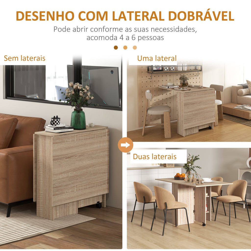 Mesa de Sala de Jantar Dobrável Mesa de Madeira com 2 Prateleiras de Armazenamento e Rodas para Cozinha 75x140x74 cm Madeira - A minha loja