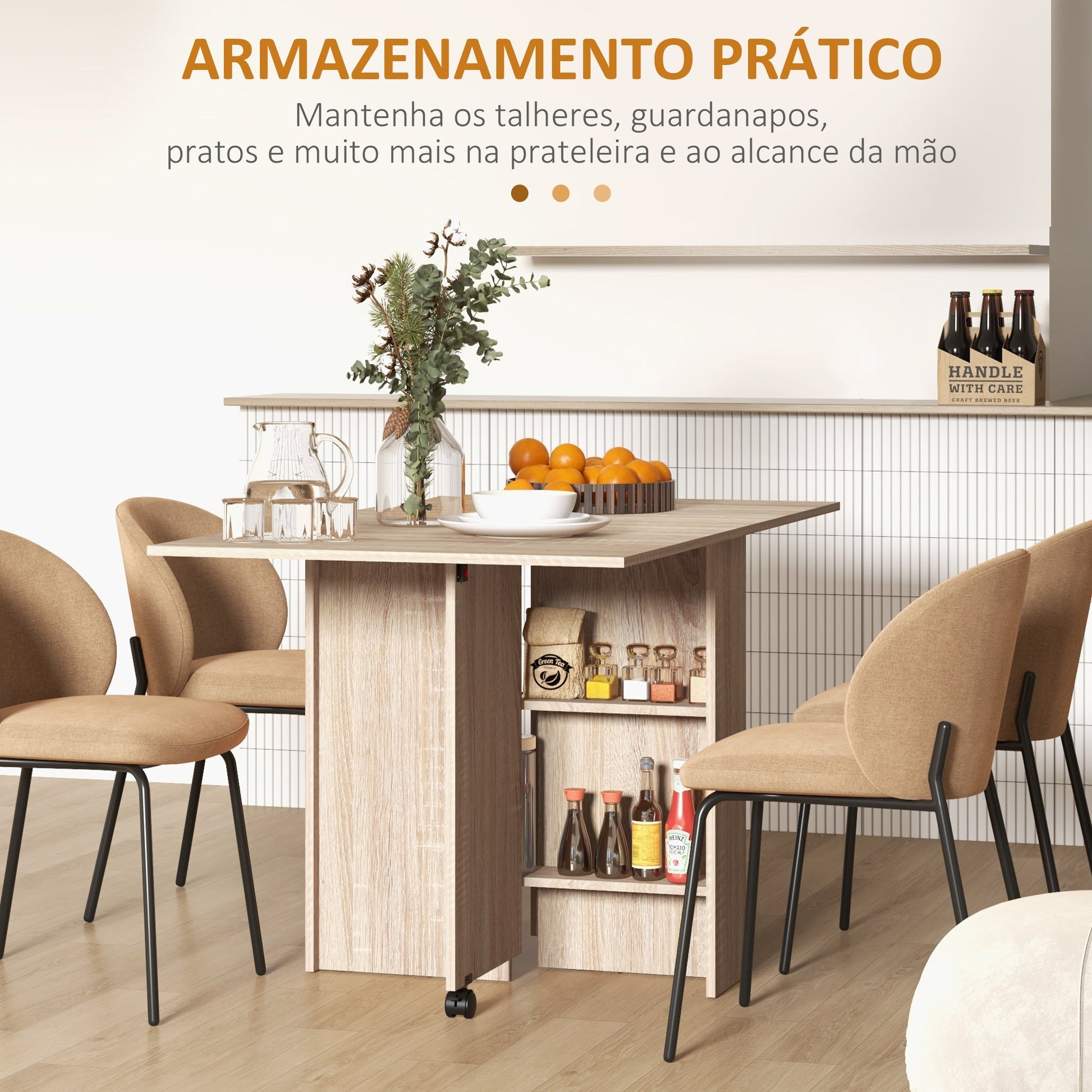 Mesa de Sala de Jantar Dobrável Mesa de Madeira com 2 Prateleiras de Armazenamento e Rodas para Cozinha 75x140x74 cm Madeira - A minha loja